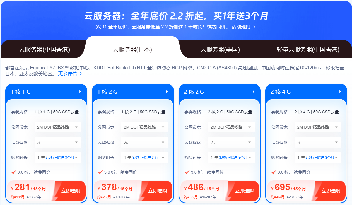 2024年双11云服务器一年的租用价格